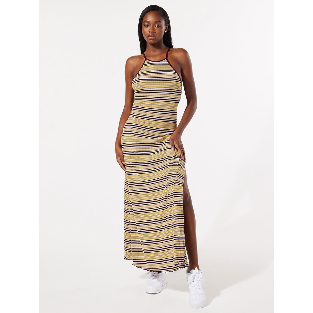 Savage X Fenty‎ Thicc Rib Halter Maxi Dress Size S Yellow Purple Beach Vacation